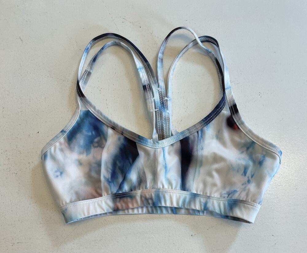 Carbon38 Women Sports Bra Multi-Strap Back Small Blue Tie-Dye Lined No Padding